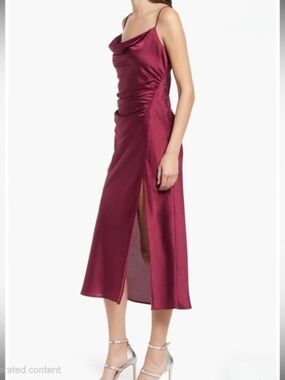 Floret Studios Ruched Satin Slip Dress - Red Wine